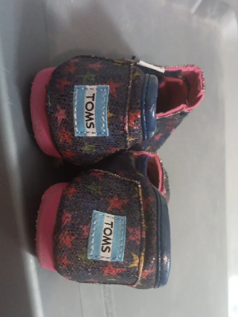 Toms Kids Navy Slip-On Moccasins with Multicolor Star Print and Pink Lining